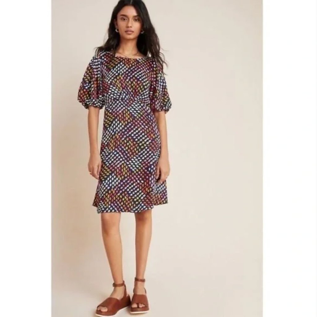 Anthropologie Maeve Blue Abstract Floral Printed Puff Sleeve Mini Dress